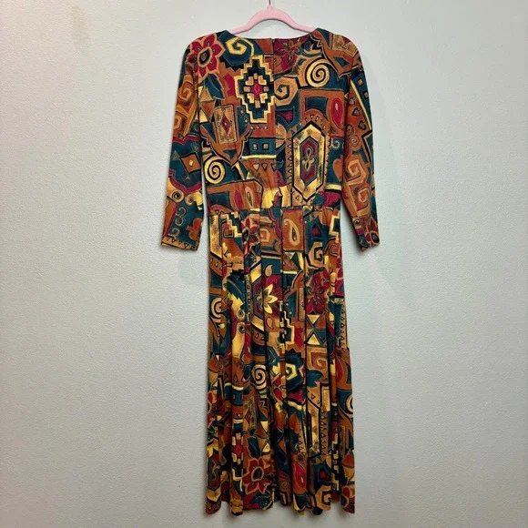 Sabino Vintage 80s‎ Midi Dress Abstract Print Belted Long Sleeve Size 6 Bohemian - Picture 8 of 16